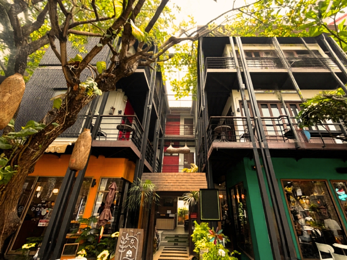 Courtyard greenery and boutique facade with morning sunlight